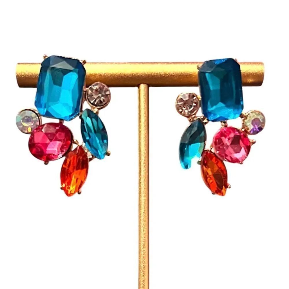💎2/$30💎 Elegant Multicolor Gemstone Crystal Gold Tone Stud Earrings